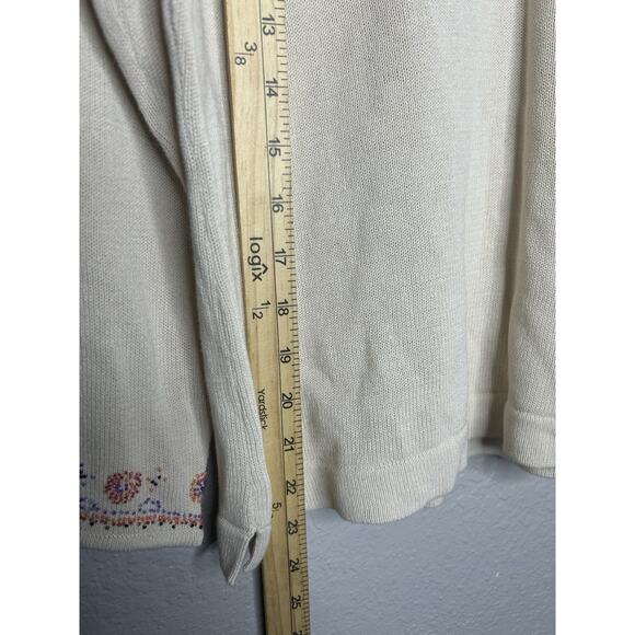 Sigrid Olsen Cotton Blend Beaded Floral Cream Sweater V Neck Vintage Size XL - Picture 5 of 9